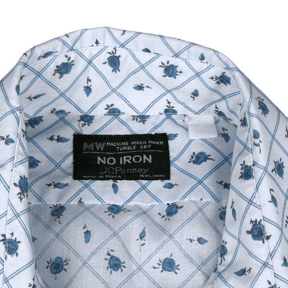 Vintage JC Penney Shirt Adult LARGE Blue 80s Rose Pattern Floral Button Down - Picture 2 of 6